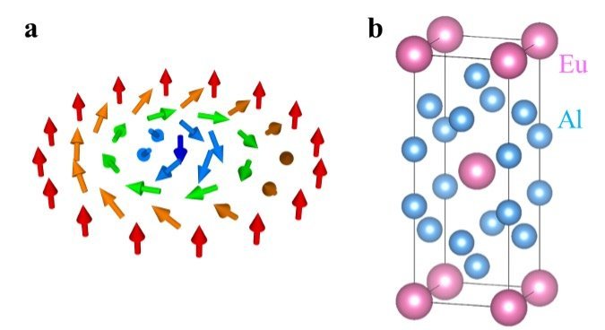 図１：(a) 一つの磁気スキルミオンの模式図。各矢印はユウロピウム（Eu）原子それぞれの磁気モーメントの向きを示している。(b) EuAl4の結晶構造。